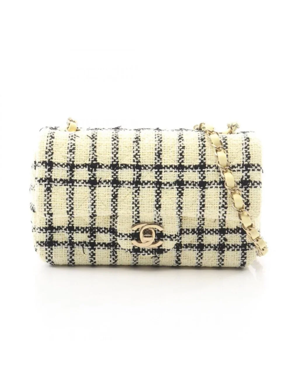 Chanel Shoulder Bag Mini Quilted 20 Cream Black Fabric Chain
